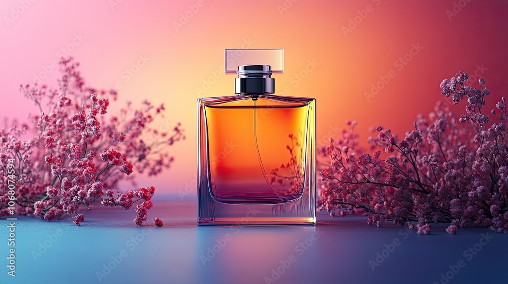 A sleek perfume bottle on a gradient background, with space for branding, ideal for beauty product advertisements or fragrance promotions. A sleek perfume bottle on a gradient background, with space for branding, ideal for beauty product advertisements or fragrance promotions.