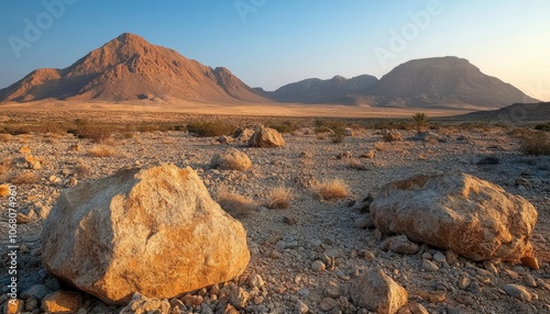 A rocky desert landscape under the bright summer sun, with shadows casting over the terrain. The warm tones create a stark contrast against the pale blue sky photo