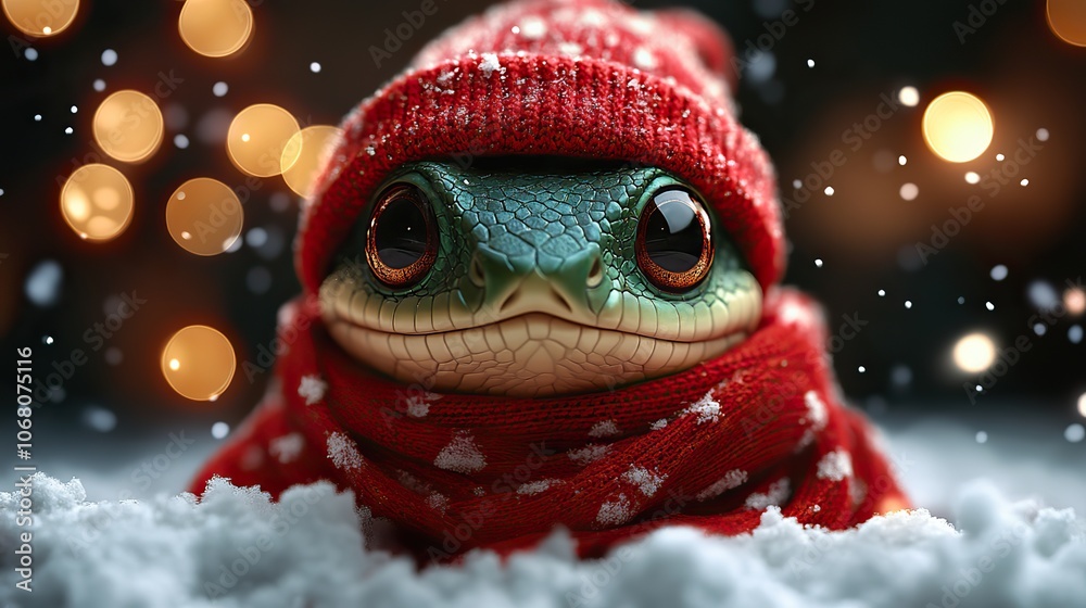 A smiling green snake with a red scarf and hat, symbolizing the Chinese New Year 2025, a festive illustration for cards or posters. A smiling green snake with a red scarf and hat, symbolizing the Chinese New Year 2025, a festive illustration for cards or posters.