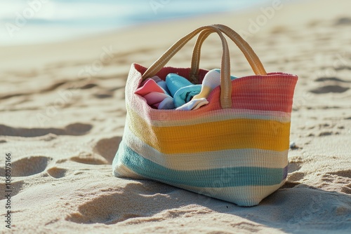 A colorful beach bag made of durable materials, filled with towels and sunscreen, resting on sand for a sunny summer vibe.