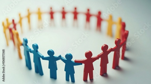 Figuras de madera de colores formando un círculo unidas de la mano, simbolizando trabajo en equipo, diversidad e inclusión