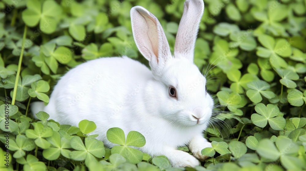 White Rabbit Sitting Among Green Clovers White Rabbit Sitting Among Green Clovers