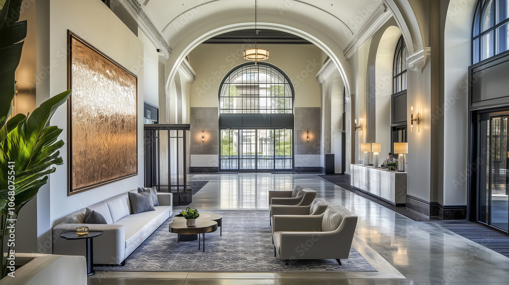 Modern hotel lobby featuring a dome high ceiling, and elegant lighting, creating a welcoming atmosphere for guests Modern hotel lobby featuring a dome high ceiling, and elegant lighting, creating a welcoming atmosphere for guests