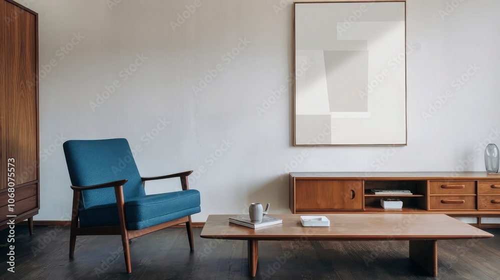 the living room of a home features a large painting by person. the living room of a home features a large painting by person.