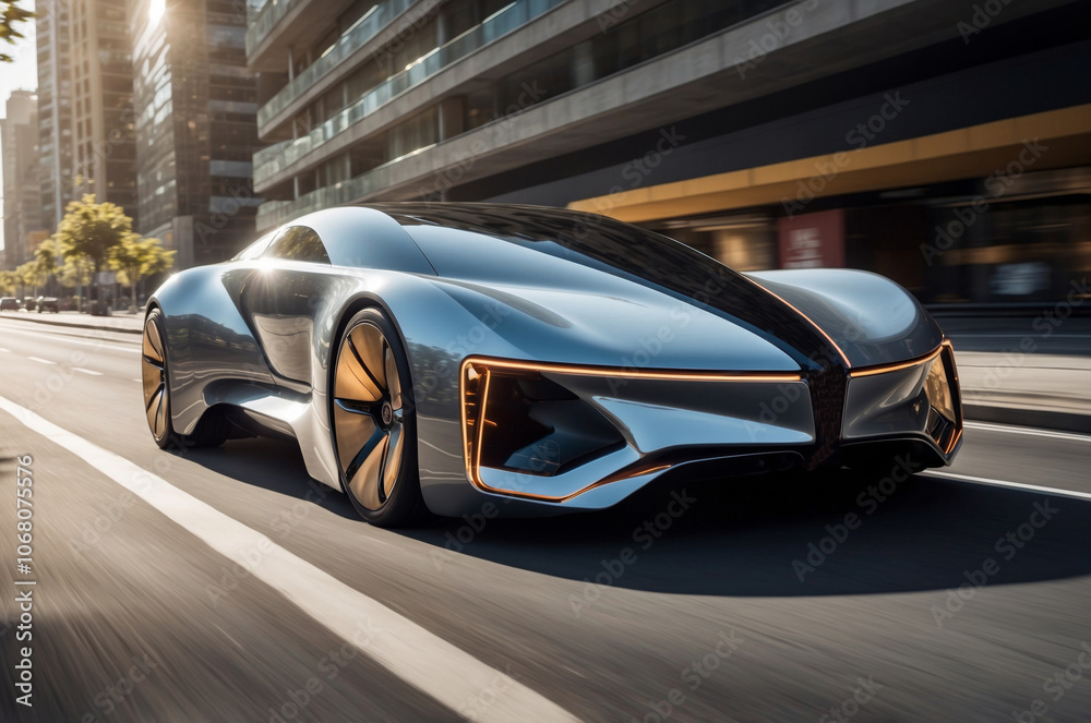 Futuristic electric sports car cruising through a modern city street at sunset