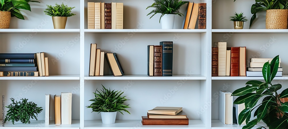 A bookshelf filled with stylish decor and books in a modern home, space for text to the right A bookshelf filled with stylish decor and books in a modern home, space for text to the right