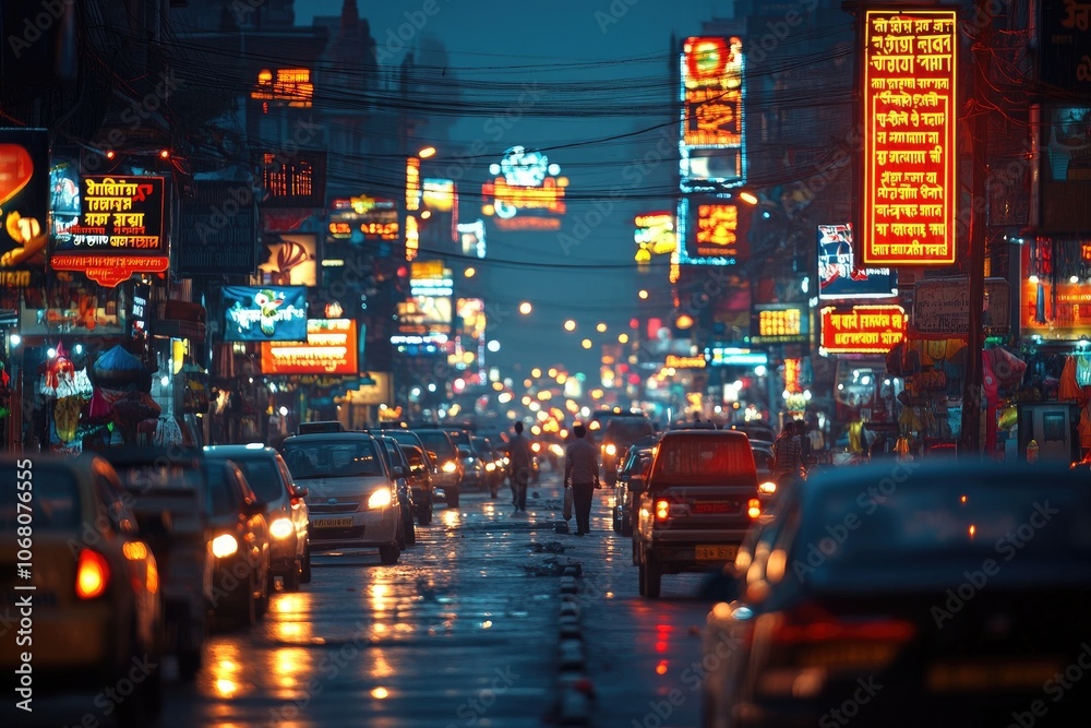 Fototapeta premium Wet street in thamel, kathmandu, full of cars and colorful neon signs by night