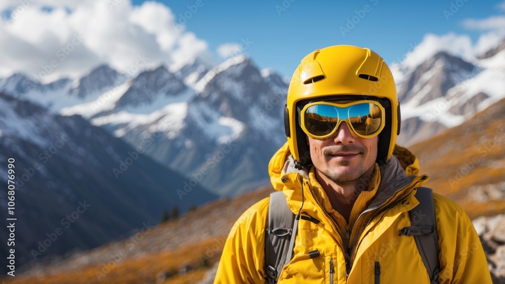 Man in yellow gear smiles while hiking in mountains under a clear sky during daylight