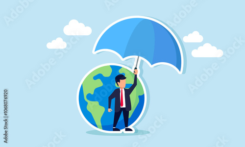 A businessman standing next to a globe, shielding it with an umbrella, illustration of protecting the Earth from business practices that harm the environment and ignore go green
