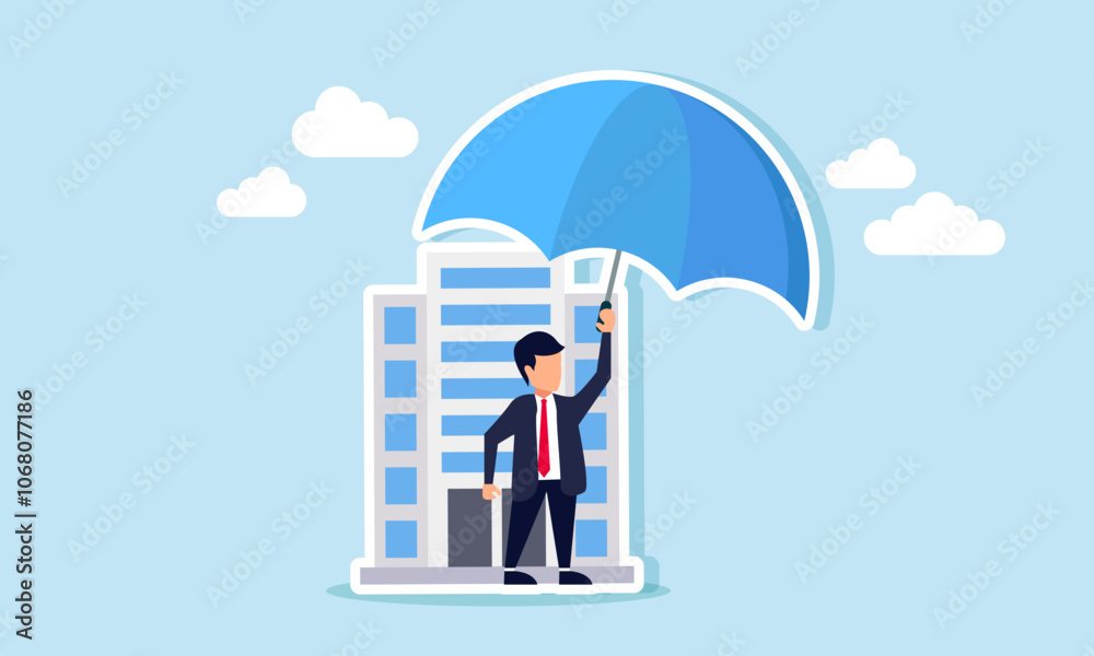 A businessman standing next to a company building, shielding it with an umbrella, illustration of protecting business assets through insurance A businessman standing next to a company building, shielding it with an umbrella, illustration of protecting business assets through insurance