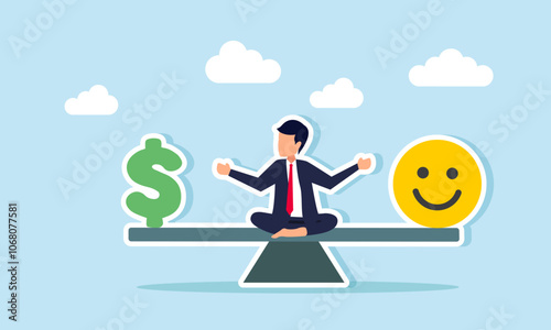 A businessman sitting in the middle of a seesaw with a dollar sign at each end and a smiley emoticon on the other, illustration of the price to pay for attracting market attention