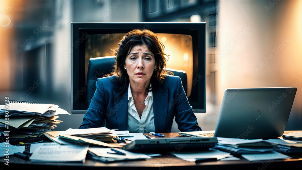 落ち込んだ表情のビジネスウーマンがデスクで疲れ果てた様子を表現するシーン。生成AI
