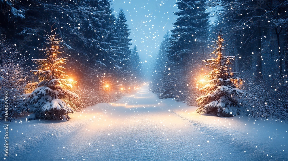 A snowy winter wonderland with twinkling lights and holiday decorations symbolizes holiday cheer, making it ideal for festive banners and greeting cards. A snowy winter wonderland with twinkling lights and holiday decorations symbolizes holiday cheer, making it ideal for festive banners and greeting cards.
