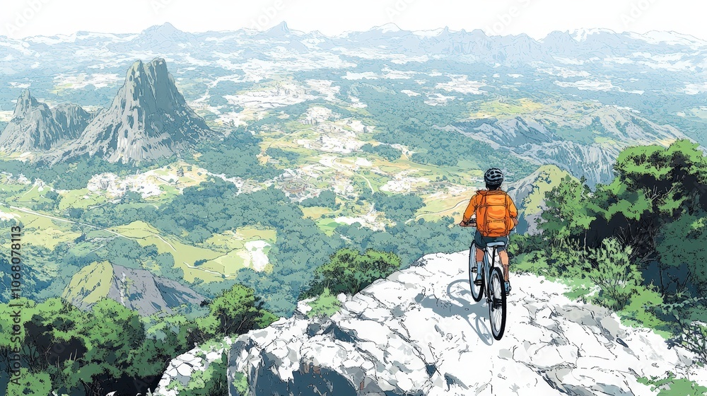 Fototapeta premium Bicyclist on Winding Mountain Road with Vast Landscape