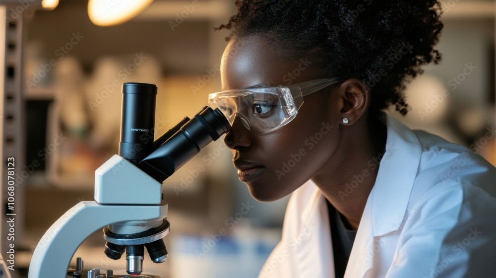 Scientist using microscope in lab for evening research Scientist using microscope in lab for evening research