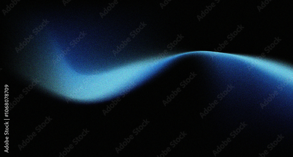 Abstract blue wave on black grainy  background with grainy texture and colorful blurry spots. Minimalist background design for poster, cover, wallpaper