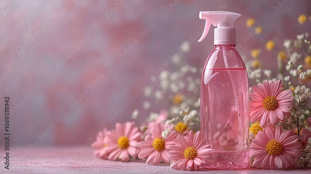 A spray detergent bottle with flowers on a purple background, representing floral air fresheners or spring cleaning product packaging. A spray detergent bottle with flowers on a purple background, representing floral air fresheners or spring cleaning product packaging.