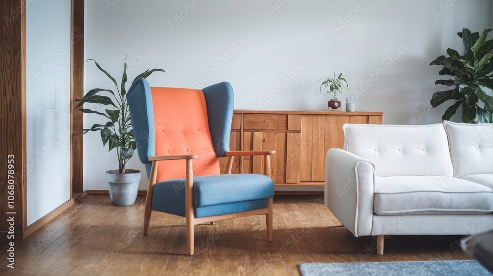 the living room of a home features a large painting by person. the living room of a home features a large painting by person.