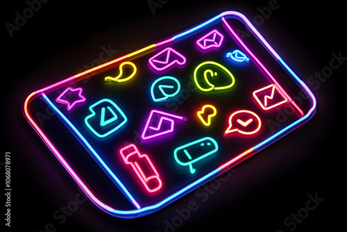 Neon outlines of smartphone with social media icons isolated on black background.