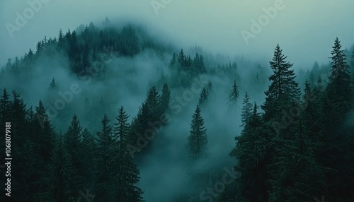 A misty forest with tall, dark trees shrouded in fog, creating a mysterious and atmospheric scene.