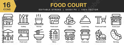 Food Court icon set. Editable Stroke Icon Collection. Includes cake, cutlery, hot dog, food court, and More. Outline icons vector collection.