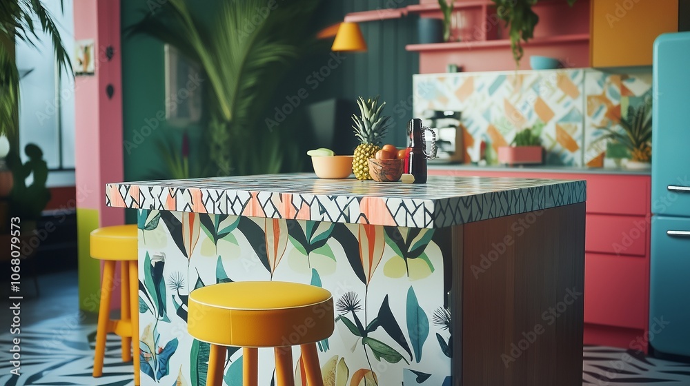 Obraz premium A maximalist kitchen island with a bold patterned surface, mismatched stools, and vibrant decor creating a lively culinary space.