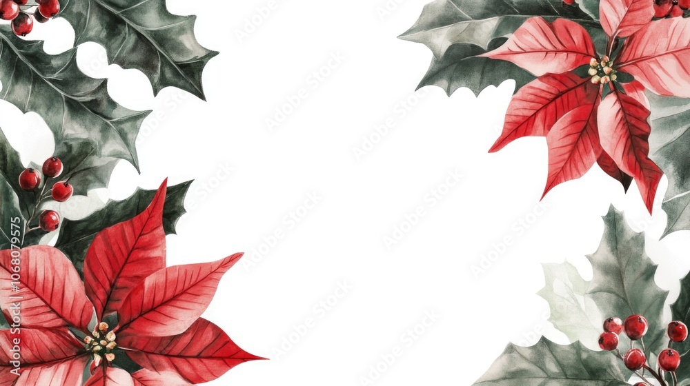 Fototapeta premium Red Poinsettia with Holly Leaves