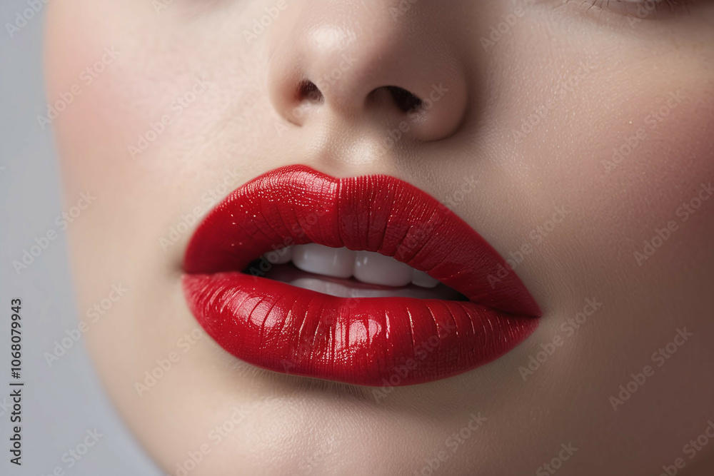 Fototapeta premium The portrait of focus on red lip, beautiful woman and her red lip, powerful cosmetics industry.