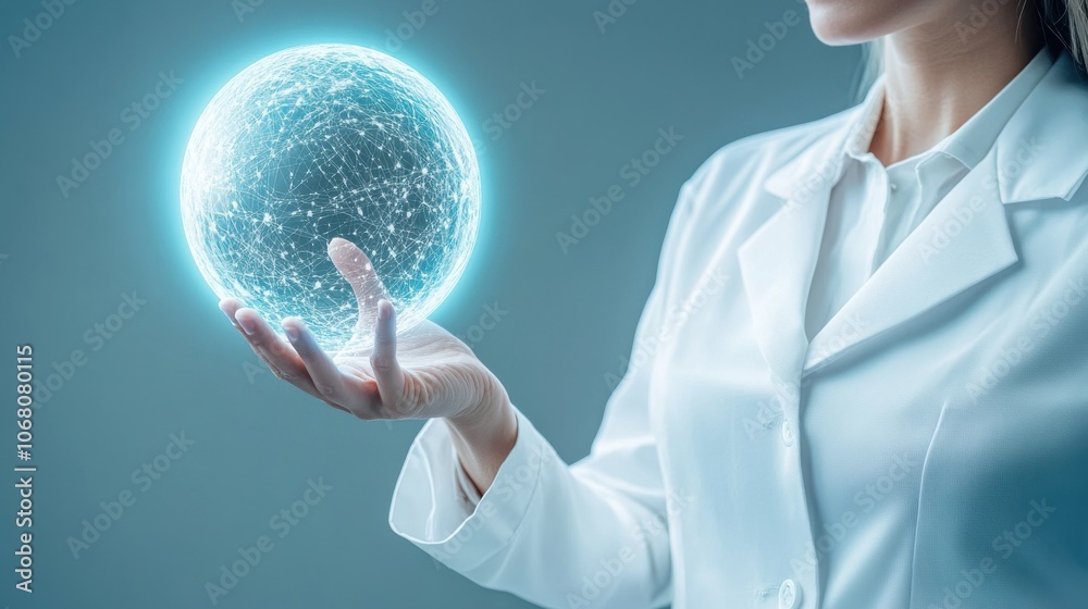 Scientist holds glowing sphere symbolizing global connectivity and technological advancement Scientist holds glowing sphere symbolizing global connectivity and technological advancement
