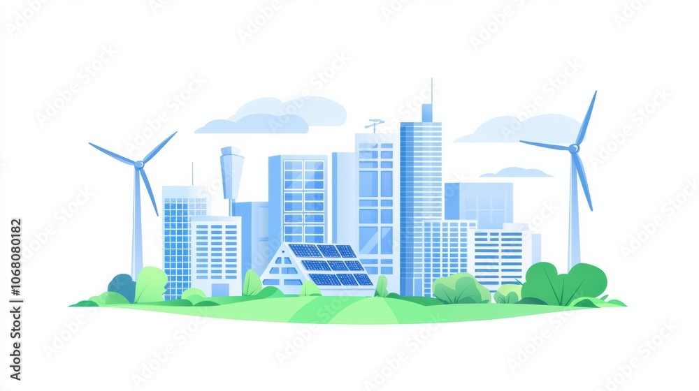 Modern Sustainable City with Wind Turbines and Solar Roofs Modern Sustainable City with Wind Turbines and Solar Roofs
