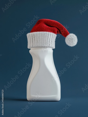 White plastic detergent bottle wearing a santa hat for christmas themed marketing campaign photo