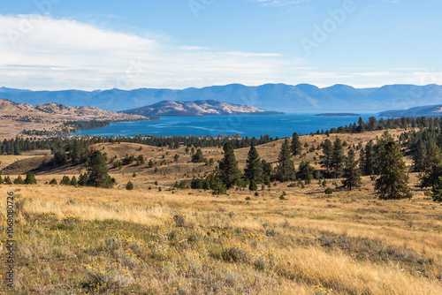 Beautiful view of the Flathead Lake in Montana in distance in autumn season