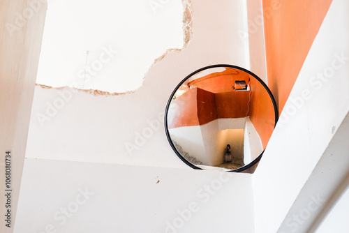 A convex mirror in underground parking lot,Road round mirror or defensive driving mirror at street..