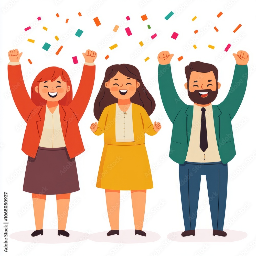 Three joyful people celebrating with raised arms and confetti. Three joyful people celebrating with raised arms and confetti.