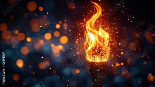 A symbolic torch with flames brightens a dark background filled with lights and sparks, capturing the powerful spirit of the Olympic Games' opening ceremony, ideal for victory banners.