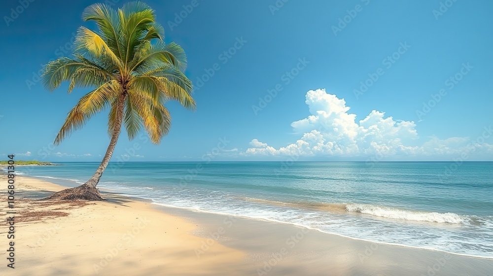 A tall coconut palm tree stands on a tropical beach under a clear blue sky, symbolizing relaxation and summer vacation themes. A tall coconut palm tree stands on a tropical beach under a clear blue sky, symbolizing relaxation and summer vacation themes.