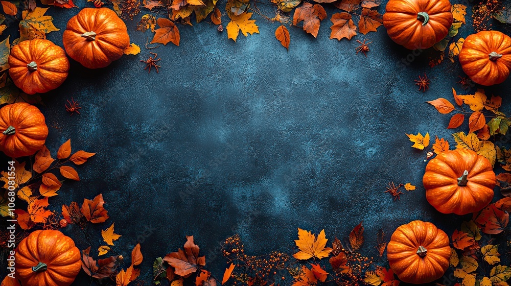 A template featuring pumpkins and spider webs on a black background, designed for Halloween and Thanksgiving invitations, banners, or posters with a flat lay style. A template featuring pumpkins and spider webs on a black background, designed for Halloween and Thanksgiving invitations, banners, or posters with a flat lay style.