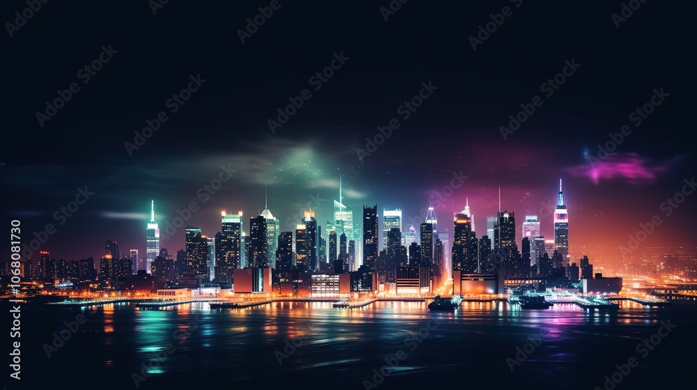 Vibrant Night Cityscape with Skyline Reflection Vibrant Night Cityscape with Skyline Reflection