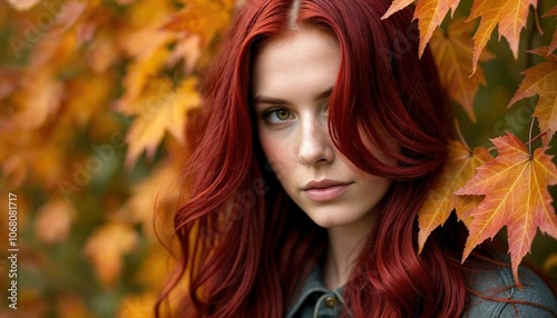 Cherry Red Hair with Autumn Leaves