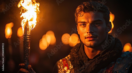 A torchbearer at the France Olympics holds a flame, symbolizing victory and sportsmanship in a celebratory banner. photo