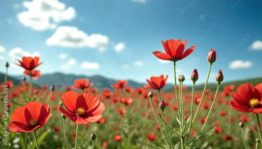 Fototapeta premium Cherry Red Wildflowers in Lush Field
