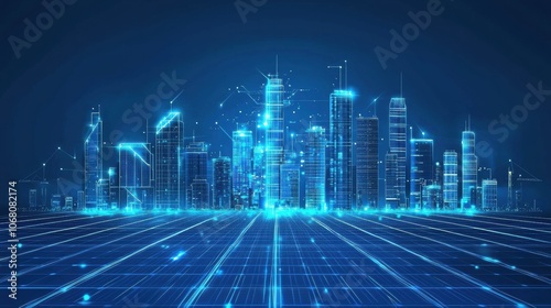 Futuristic City Skyline with Digital Elements and Lights