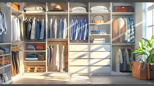 Minimalist Dressing Room with Floating Shelves and Natural Light in the Background 