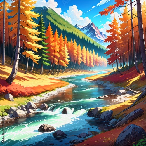 Mountain river winding through forest beautiful nature scenery in autumn spruce trees by the shore wonderful piece of synevyr national park landscape in good weather with clouds landscape  photo