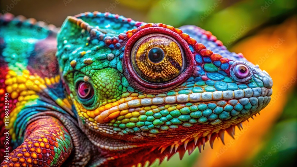 Closeup of a Captivating Chameleon Lizard Showcasing Vibrant Colors and Intricate Patterns in a Stunning Natural Environment Closeup of a Captivating Chameleon Lizard Showcasing Vibrant Colors and Intricate Patterns in a Stunning Natural Environment