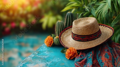 A traditional Mexican sombrero, poncho, and cactuses sit on a bright background, offering a fun and festive theme perfect for Cinco de Mayo celebrations or creative party concepts.