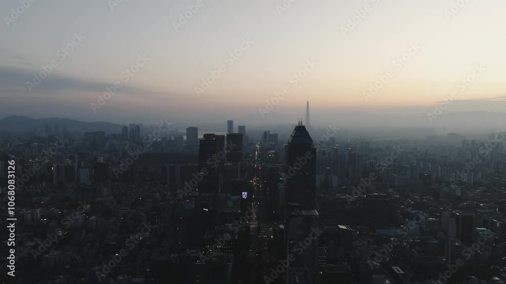 Drone View of Seoul city in South Korea, Sunrise of Gangnam financial district, Autumn 60fps Drone View of Seoul city in South Korea, Sunrise of Gangnam financial district, Autumn 60fps