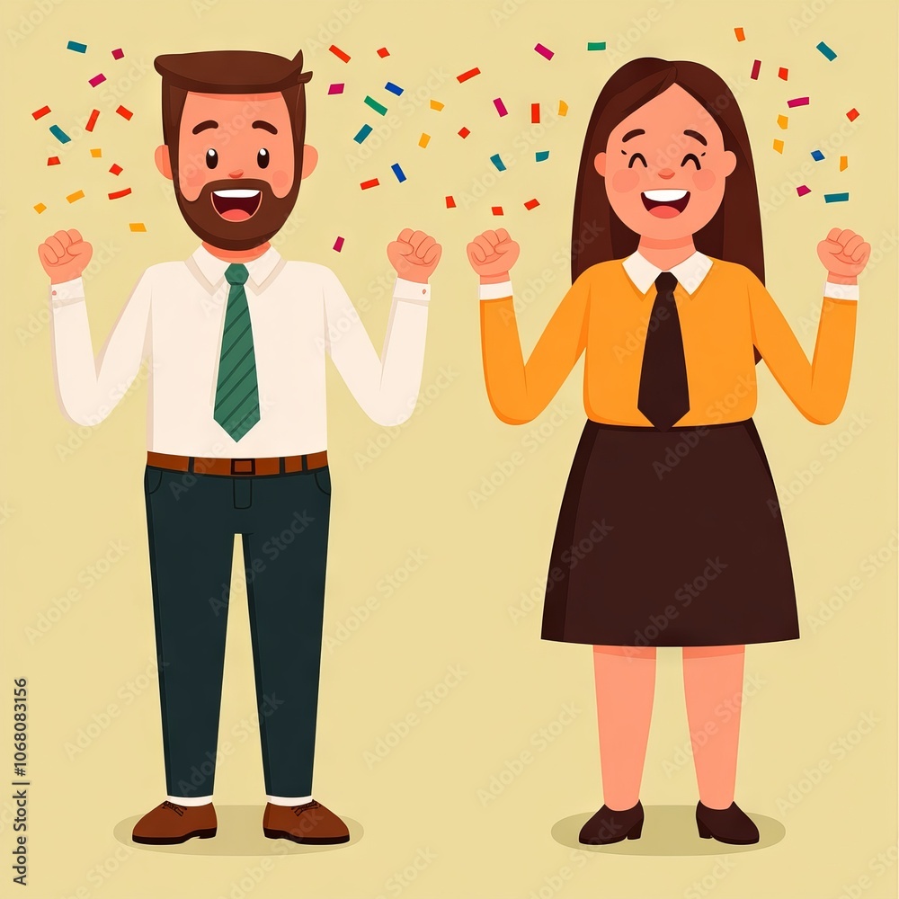 Two cheerful people celebrating with confetti and joyful expressions. Two cheerful people celebrating with confetti and joyful expressions.