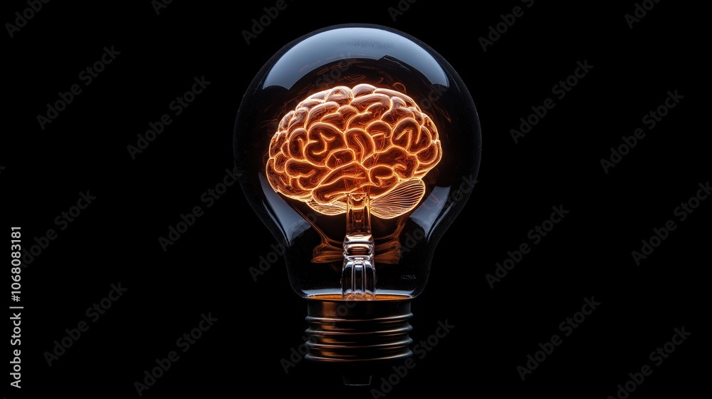 Light bulb with a glowing brain inside on a dark background Light bulb with a glowing brain inside on a dark background