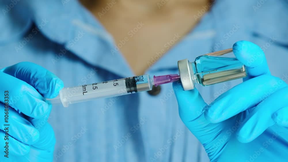 doctor's hand holds a syringe and a blue vaccine bottle at the hospital. Health and medical concepts doctor's hand holds a syringe and a blue vaccine bottle at the hospital. Health and medical concepts